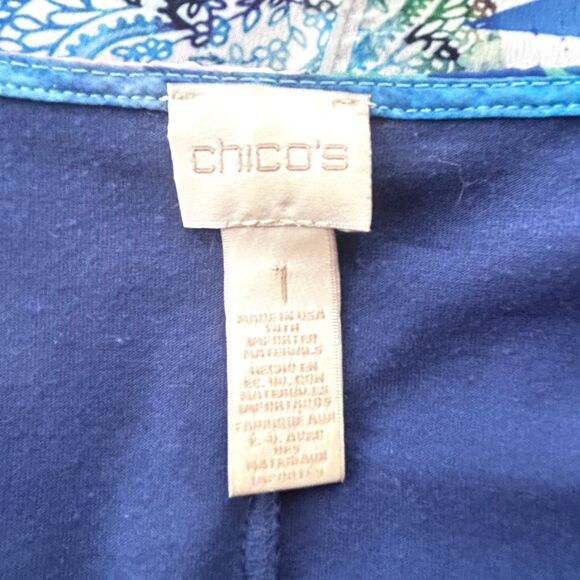 Chicos Size 1 Scarf Top M Colorful Watercolor Kimono Blue Pink White Semi Sheer - Picture 9 of 9